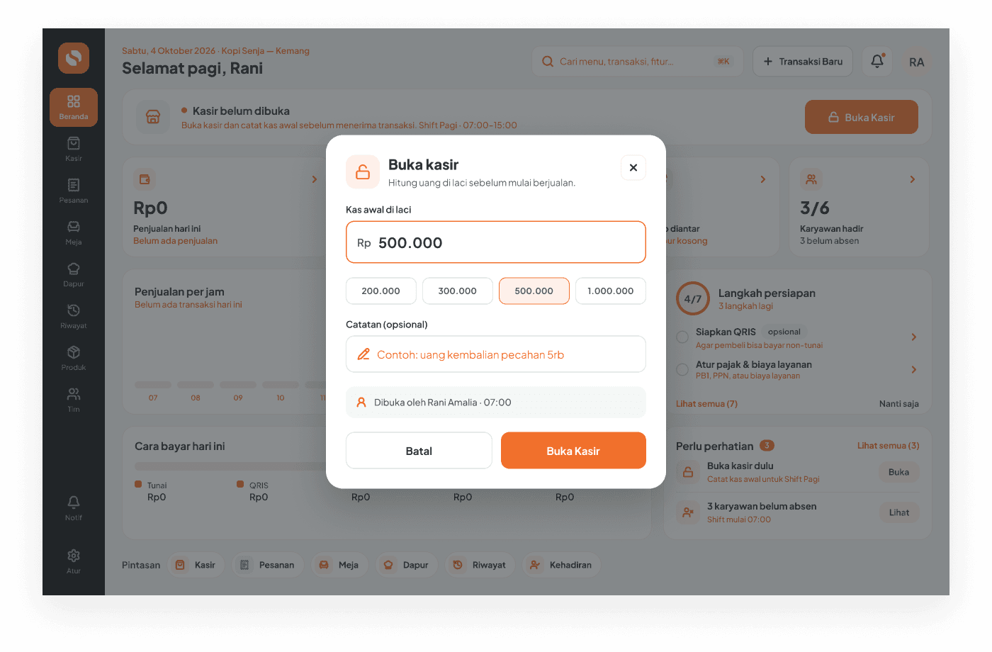 Dialog buka kasir dan input kas awal di Sissi POS