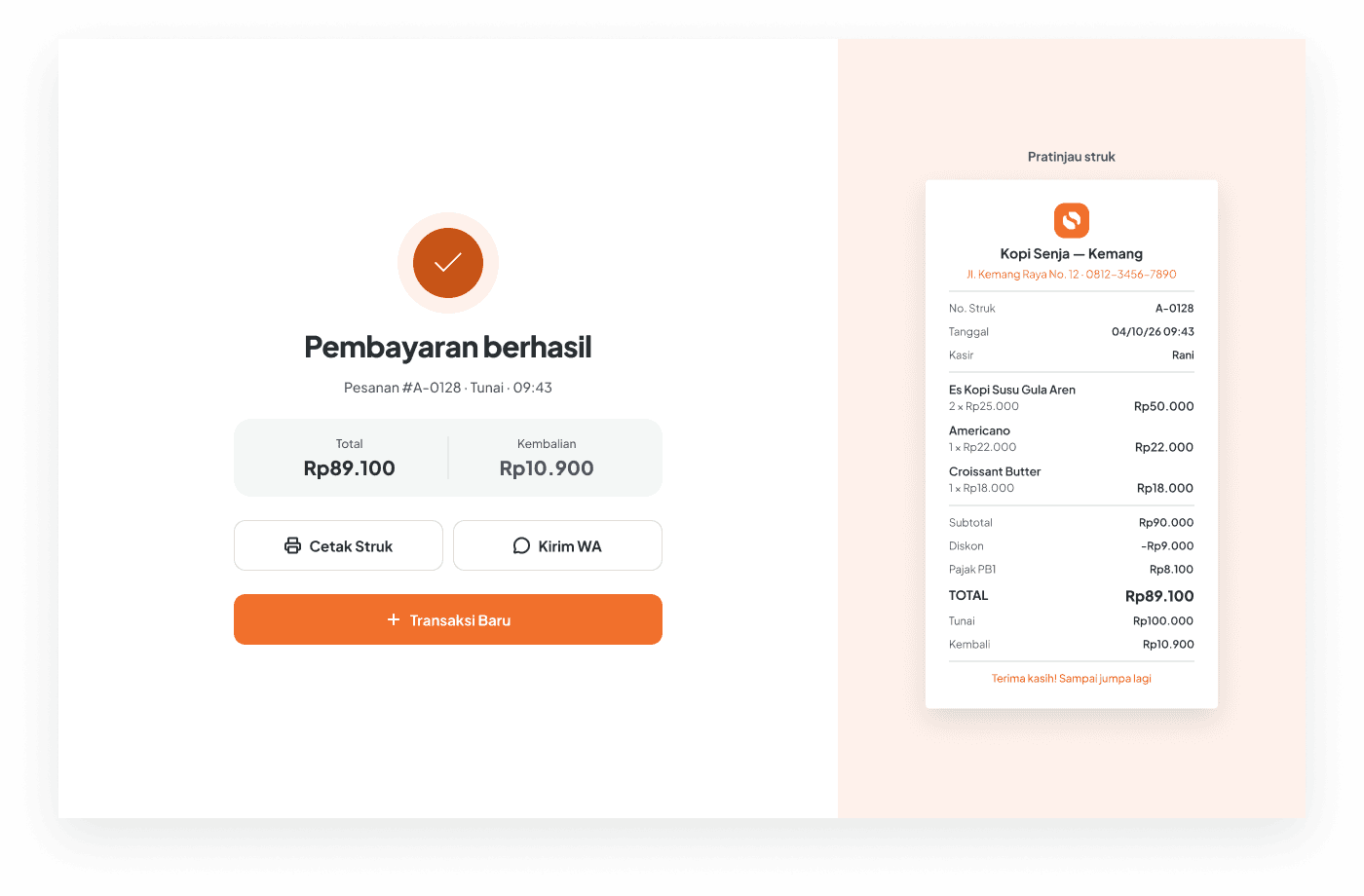 Layar konfirmasi transaksi sukses pada Sissi POS