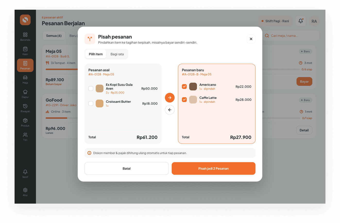 Dialog pisah pesanan (split bill) pada tablet Sissi
