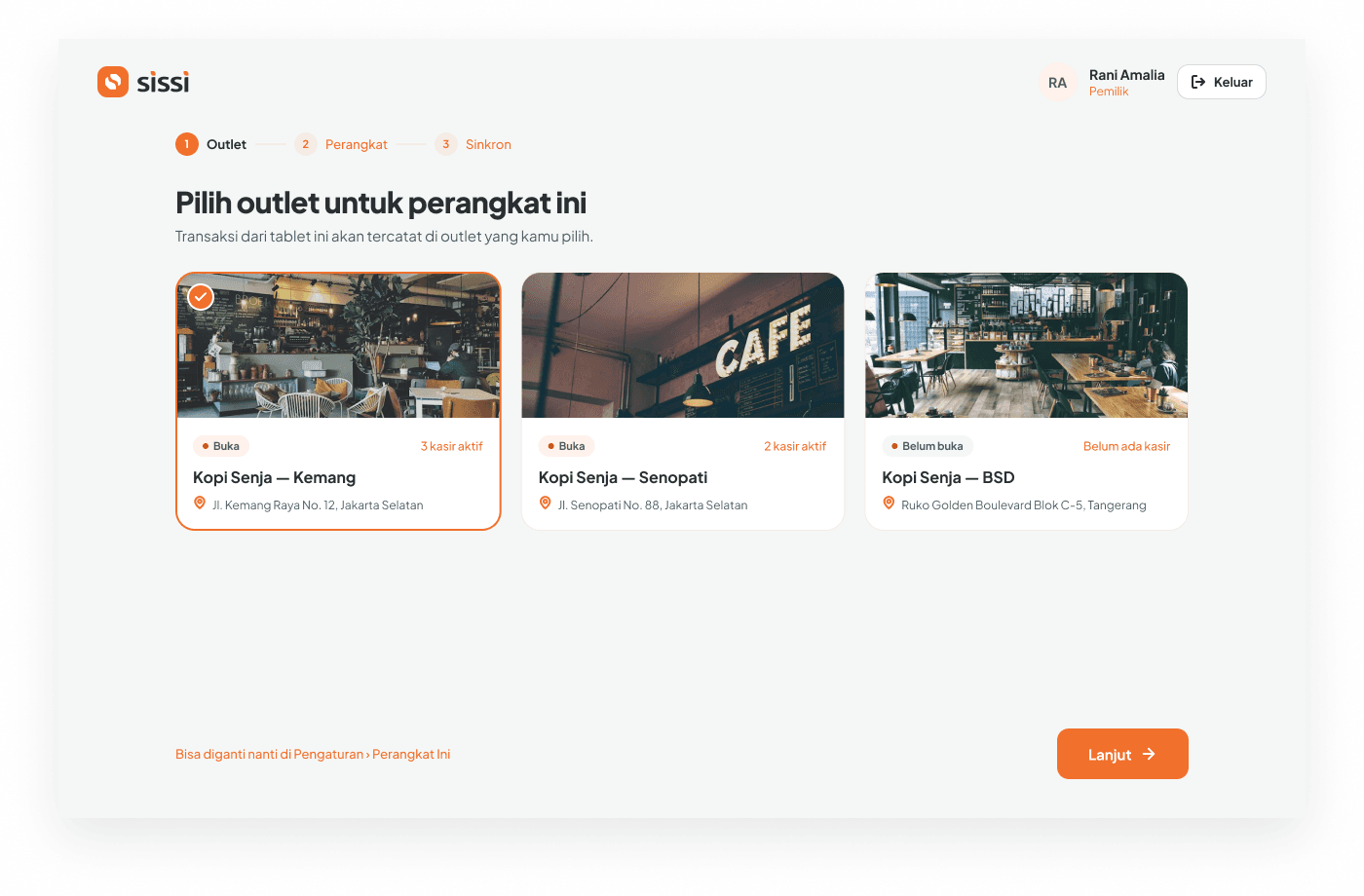 Tampilan pemilihan outlet pada tablet Sissi POS